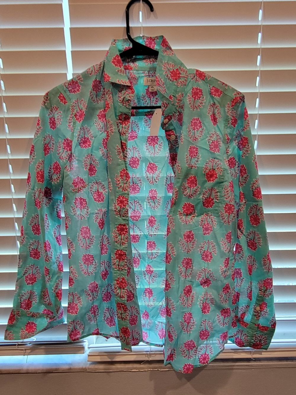 J. Crew Men's Aqua Shirt with Pink Floral Print
